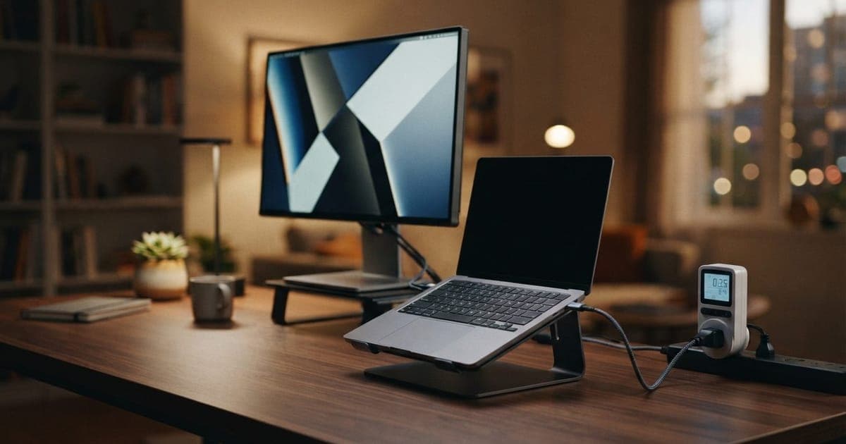 Monitor 4K moderno conectado a um notebook via cabo USB-C em um setup de home office organizado com medidor de energia