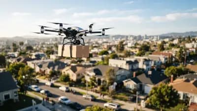 Drone de entrega carregando pacote com a logo da empresa em ambiente urbano ensolarado durante teste de voo comercial